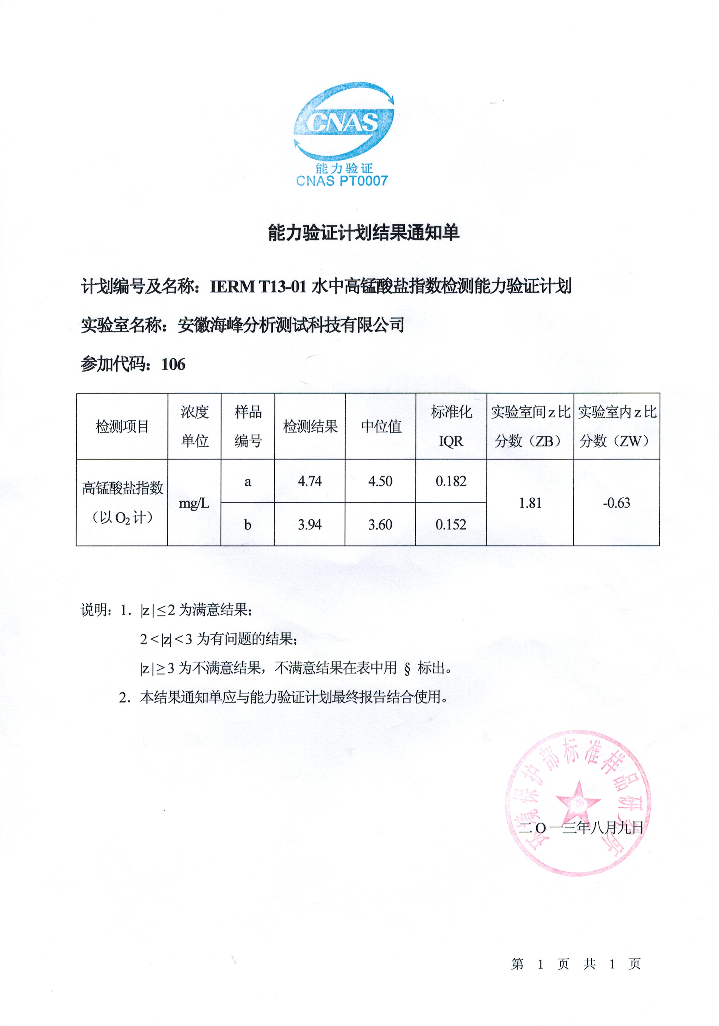 熱烈祝賀我司順利通過“IERM T13-01水中高錳酸鹽指數(shù)檢測” 能力驗(yàn)證